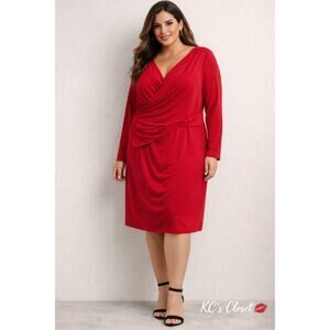 Lauren Ralph Lauren SZ 16 Red Faux Wrap Draped Stretch Dress NWT